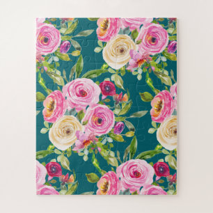 Watercolor Roses in Pink and Cream on Teal Jigsaw Puzzle
