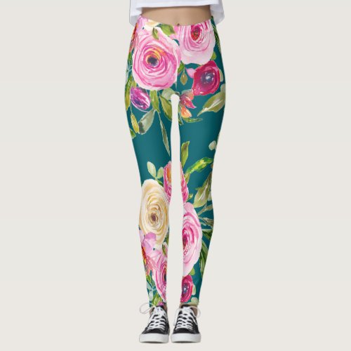 Watercolor Roses in Pink and Cream on Teal Leggings
