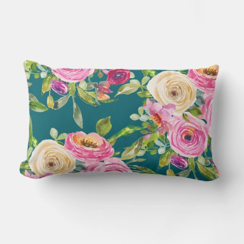 Watercolor Roses in Pink and Cream on Teal Lumbar Pillow