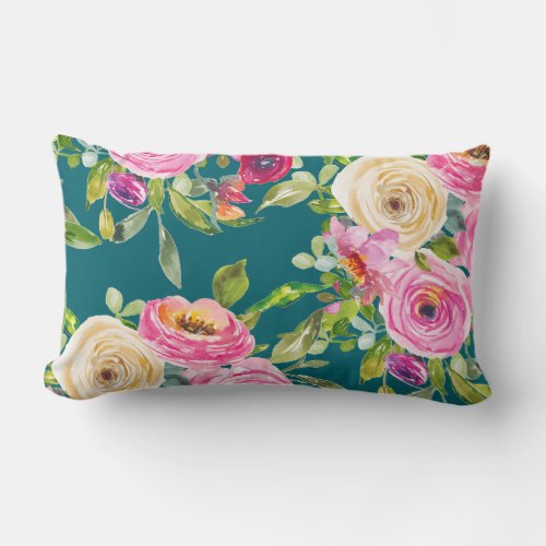 Watercolor Roses in Pink and Cream on Teal Lumbar Pillow