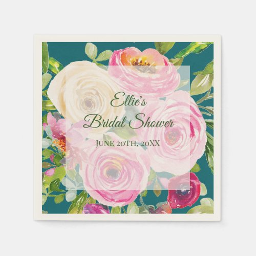 Watercolor Roses in Pink and Cream on Teal Napkins