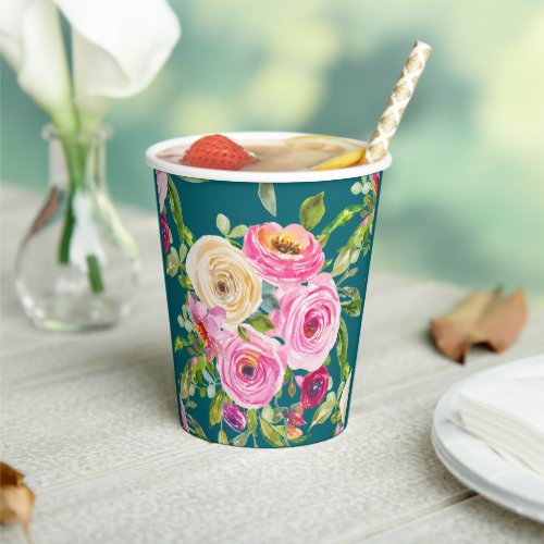 Watercolor Roses in Pink and Cream on Teal Paper Cups