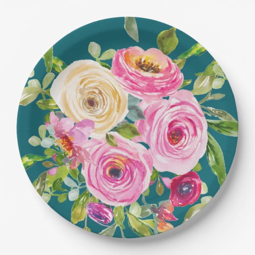 Watercolor Roses in Pink and Cream on Teal Paper Plates