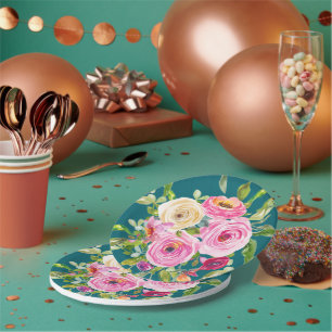 Watercolor Roses in Pink and Cream on Teal Paper Plates