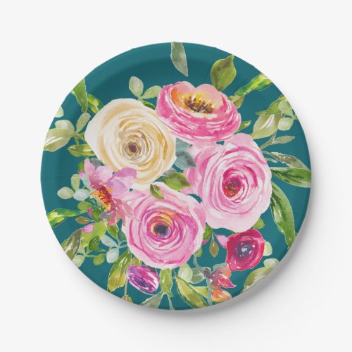 Watercolor Roses in Pink and Cream on Teal Paper Plates
