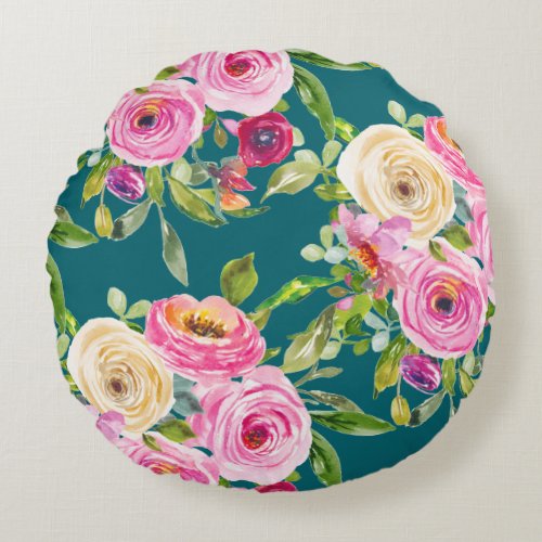 Watercolor Roses in Pink and Cream on Teal Round Pillow