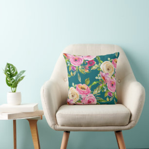 Watercolor Roses in Pink and Cream on Teal Throw Pillow