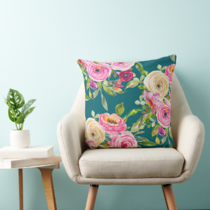 Watercolor Roses in Pink and Cream on Teal Throw Pillow