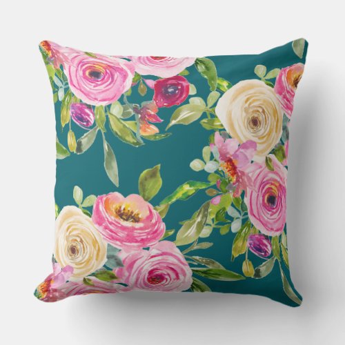 Watercolor Roses in Pink and Cream on Teal Throw Pillow