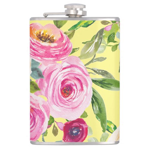 Watercolor Roses in Pink and Cream on Yellow Flask