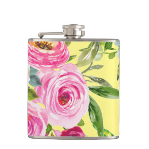 Watercolor Roses in Pink and Cream on Yellow Flask