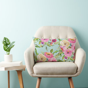 Watercolor Roses in Pink and Cream on Yellow Lumbar Pillow