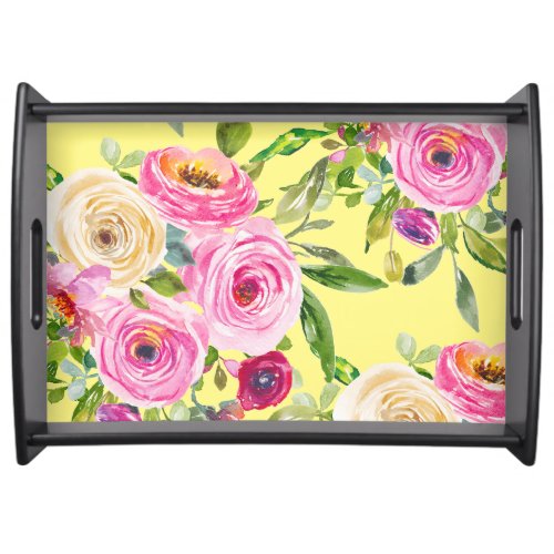 Watercolor Roses in Pink and Cream on Yellow Serving Tray