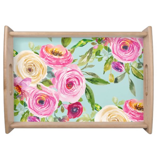 Watercolor Roses in Pink and Cream on Yellow Serving Tray