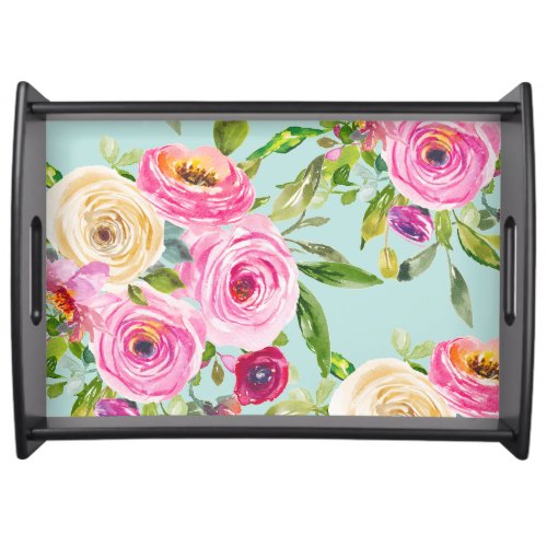 Watercolor Roses in Pink and Cream on Yellow Serving Tray