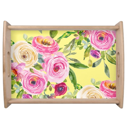 Watercolor Roses in Pink and Cream on Yellow Serving Tray