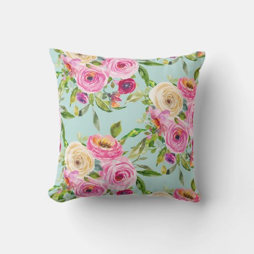 Watercolor Roses in Pink and Cream on Yellow Throw Pillow