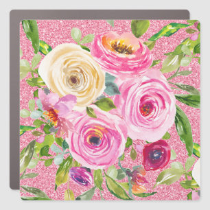 Watercolor Roses in Pink and Cream Pink Glitter Car Magnet