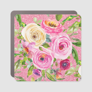 Watercolor Roses in Pink and Cream Pink Glitter Car Magnet