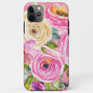 Watercolor Roses in Pink and Cream Pink Glitter iPhone 11 Pro Max Case