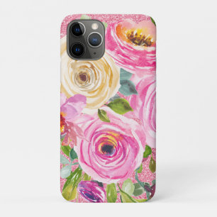 Watercolor Roses in Pink and Cream Pink Glitter iPhone 11 Pro Case