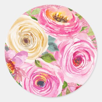 Watercolor Roses In Pink And Cream Pink Glitter Classic Round Sticker by Mistflower at Zazzle