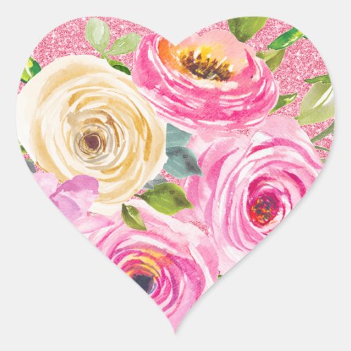 Watercolor Roses in Pink and Cream Pink Glitter Heart Sticker