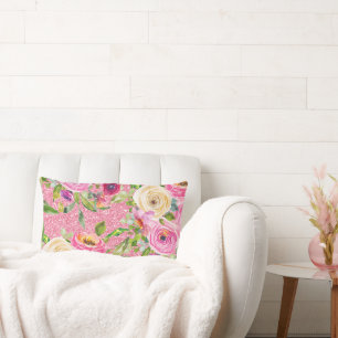Watercolor Roses in Pink and Cream Pink Glitter Lumbar Pillow
