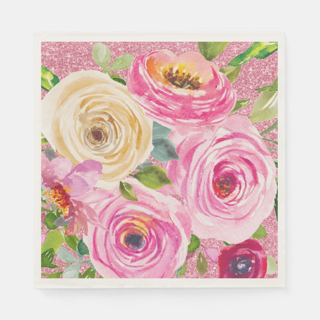 Watercolor Roses in Pink and Cream Pink Glitter Napkins (Front)