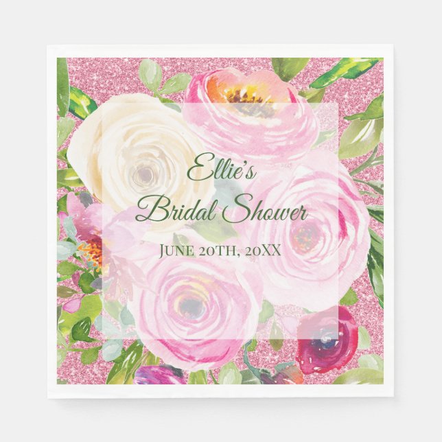 Watercolor Roses in Pink and Cream Pink Glitter Napkins (Front)