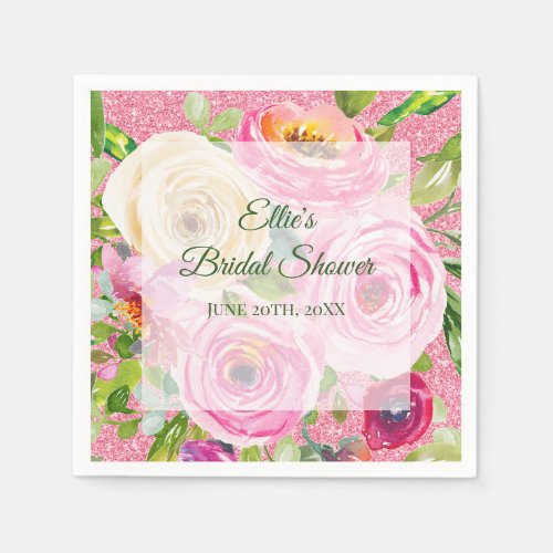 Watercolor Roses in Pink and Cream Pink Glitter Napkins