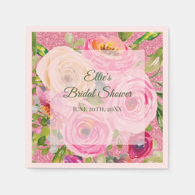 Watercolor Roses in Pink and Cream Pink Glitter Napkins (Front)