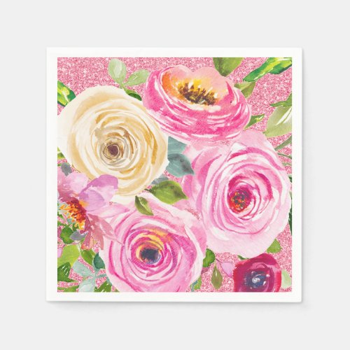 Watercolor Roses in Pink and Cream Pink Glitter Napkins