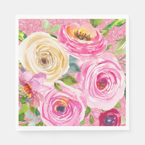 Watercolor Roses in Pink and Cream Pink Glitter Napkins