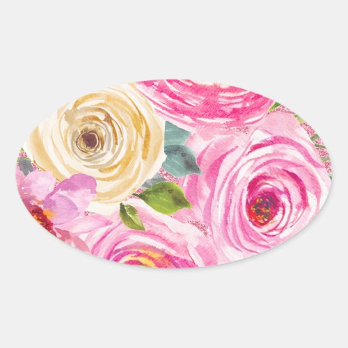Watercolor Roses in Pink and Cream Pink Glitter Oval Sticker