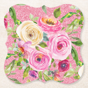 Watercolor Roses in Pink and Cream Pink Glitter Paper Coaster