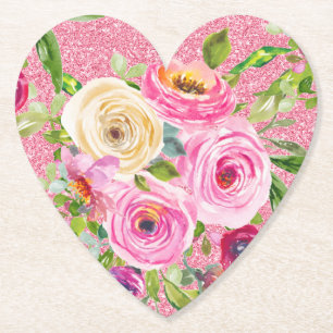 Watercolor Roses in Pink and Cream Pink Glitter Paper Coaster