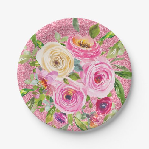 Watercolor Roses in Pink and Cream Pink Glitter Paper Plates