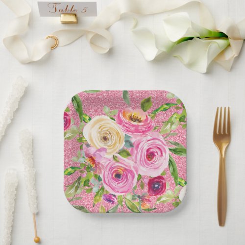 Watercolor Roses in Pink and Cream Pink Glitter Paper Plates