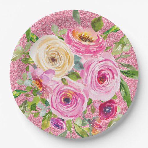 Watercolor Roses in Pink and Cream Pink Glitter Paper Plates