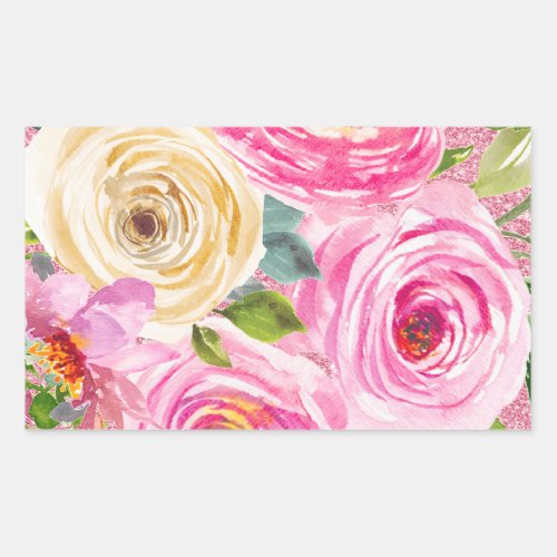 Watercolor Roses in Pink and Cream Pink Glitter Rectangular Sticker