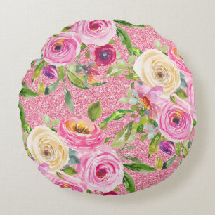 Watercolor Roses in Pink and Cream Pink Glitter Round Pillow