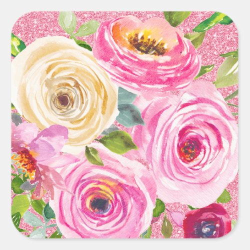 Watercolor Roses in Pink and Cream Pink Glitter Square Sticker