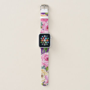 Watercolor Roses in Pink and Cream Purple Glitter Apple Watch Band