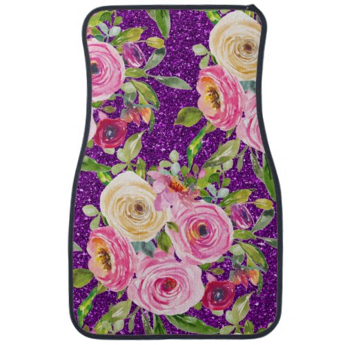 Watercolor Roses in Pink and Cream Purple Glitter Car Floor Mat