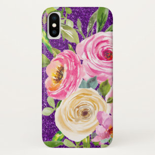 Watercolor Roses in Pink and Cream Purple Glitter iPhone X Case