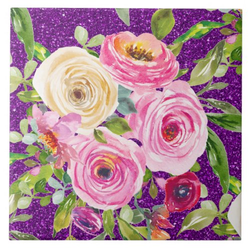 Watercolor Roses in Pink and Cream Purple Glitter Ceramic Tile
