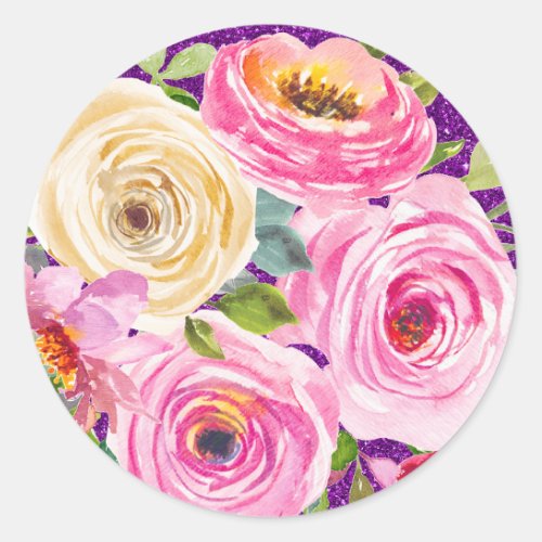 Watercolor Roses in Pink and Cream Purple Glitter Classic Round Sticker