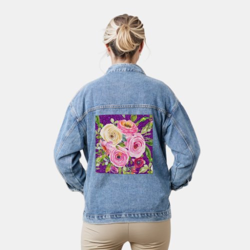 Watercolor Roses in Pink and Cream Purple Glitter Denim Jacket