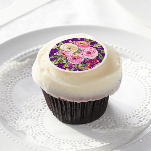 Watercolor Roses in Pink and Cream Purple Glitter Edible Frosting Rounds